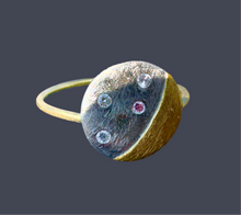 Load image into Gallery viewer, Dainty, bold 18k gold band with a silver moon and 4 diamonds accented with a 24k crescent moon.
