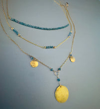 Load image into Gallery viewer, Three 18k Gold coin amulets with natural teal coloured diamond necklace