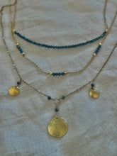 Load image into Gallery viewer, Three 18k gold necklaces with blue diamonds and coin amulets
