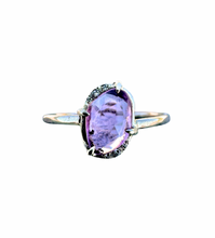 Load image into Gallery viewer, Untreated pink sapphire ring surrounded by 6 small diamonds in 14k white gold.