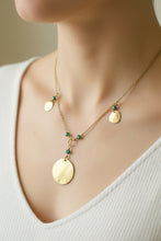 Load image into Gallery viewer, necklace with three 18 k gold coins and blue diamond beads