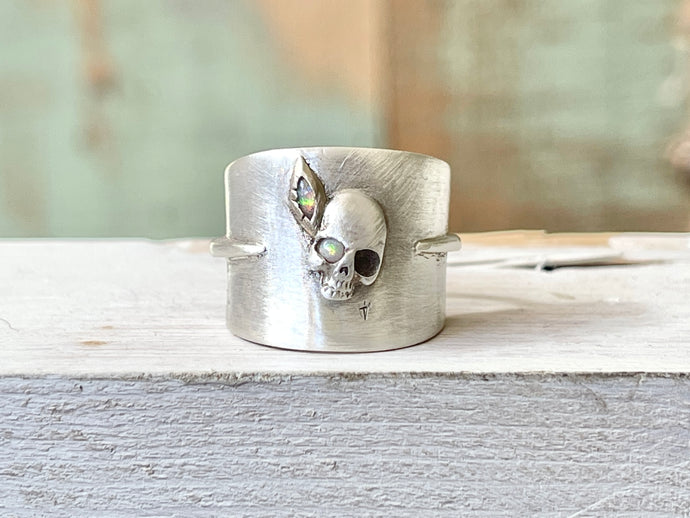 Silver skull ring with opal feather accent and opal eye/ Tamara Alain jewelry