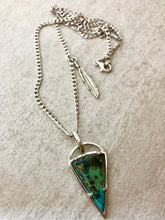 Load image into Gallery viewer, triangle turquoise necklace with long chain, Elegant jewelry, Trendy jewelry, Handmade jewelry, Custom designs jewelry, Bespoke jewelry, Unique jewelry