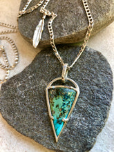 Load image into Gallery viewer, triangle turquoise necklace with long chain, Elegant jewelry, Trendy jewelry, Handmade jewelry, Custom designs jewelry, Bespoke jewelry, Unique jewelry