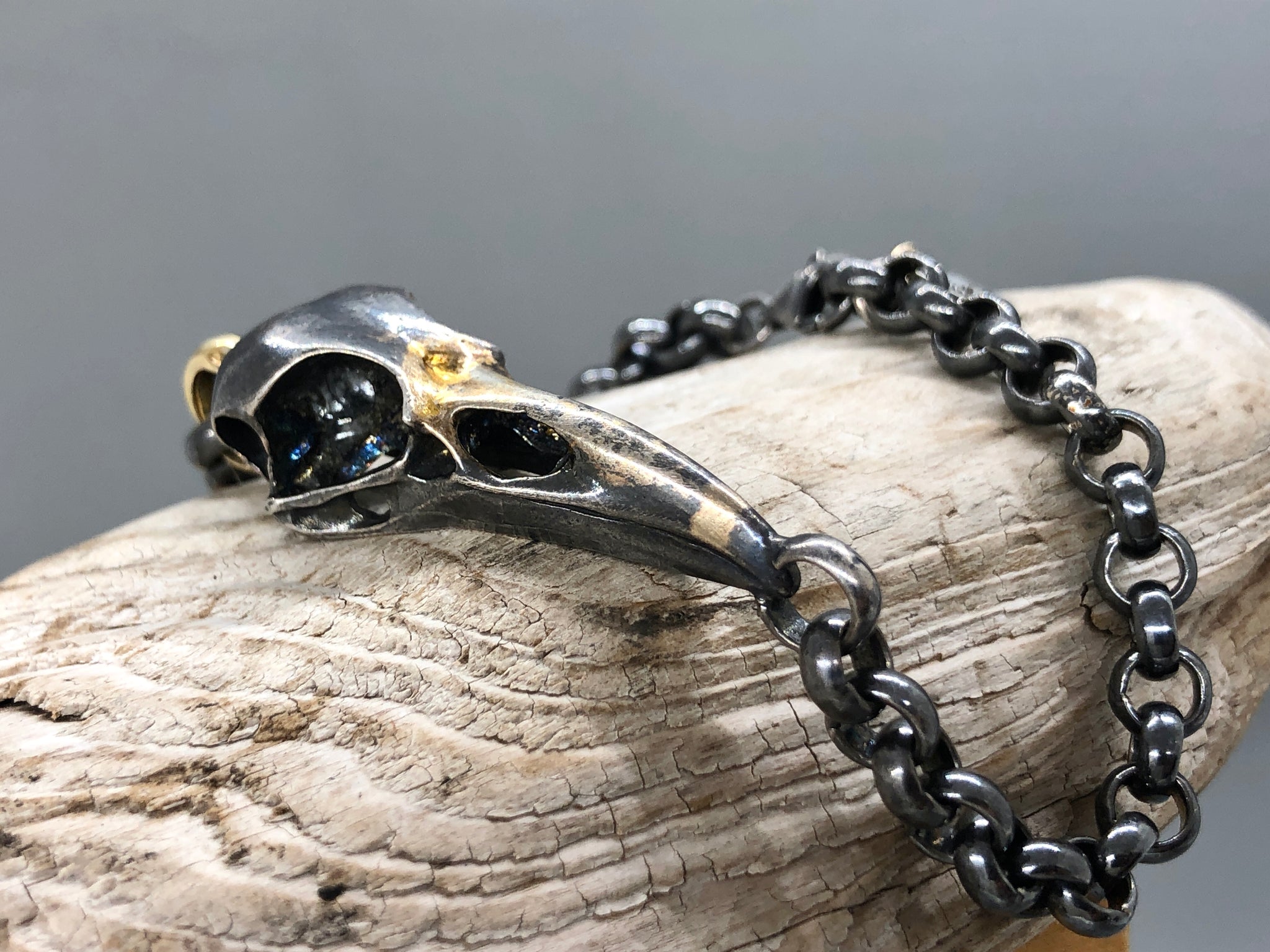 Silver & Brass Large Raven Skull Onyx Bead Bracelet - Men's Bracelets |  Lazaro SoHo
